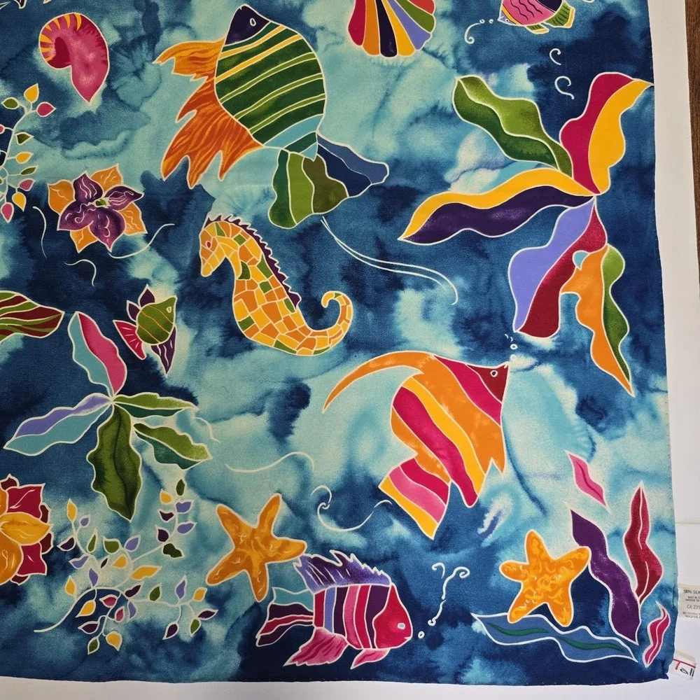 Talbots 100% Silk Scarf Tropical Fish Watercolor Square Hand Rolled Italy *Spots